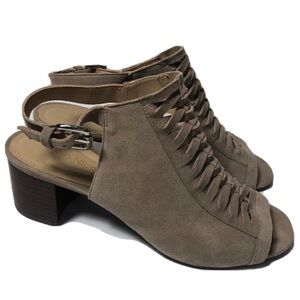 Klub Nico Anthropologie taupe suede peep toe heel sandals. Size 8.